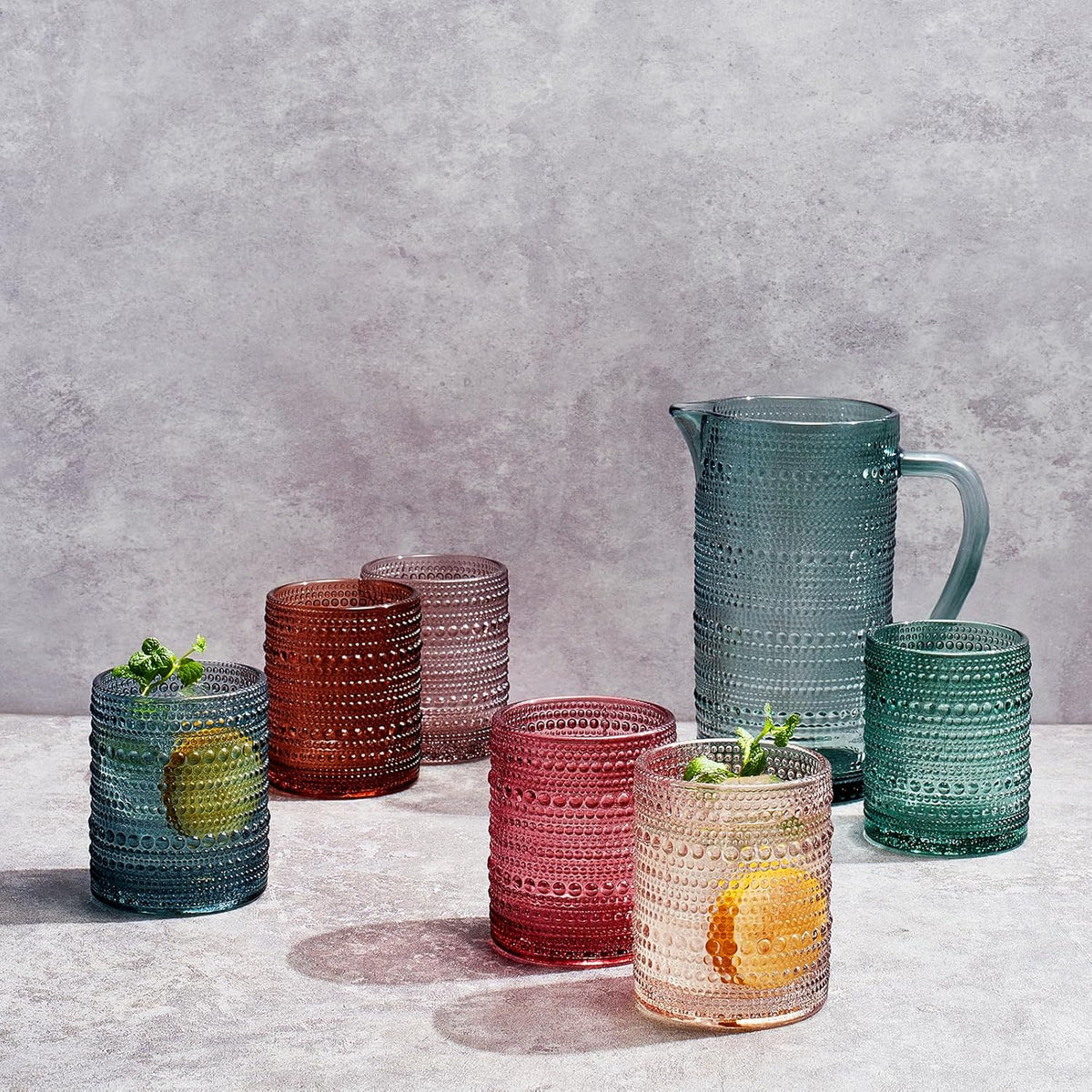 Tonal Hobnail Pitcher & Lowball Glassware