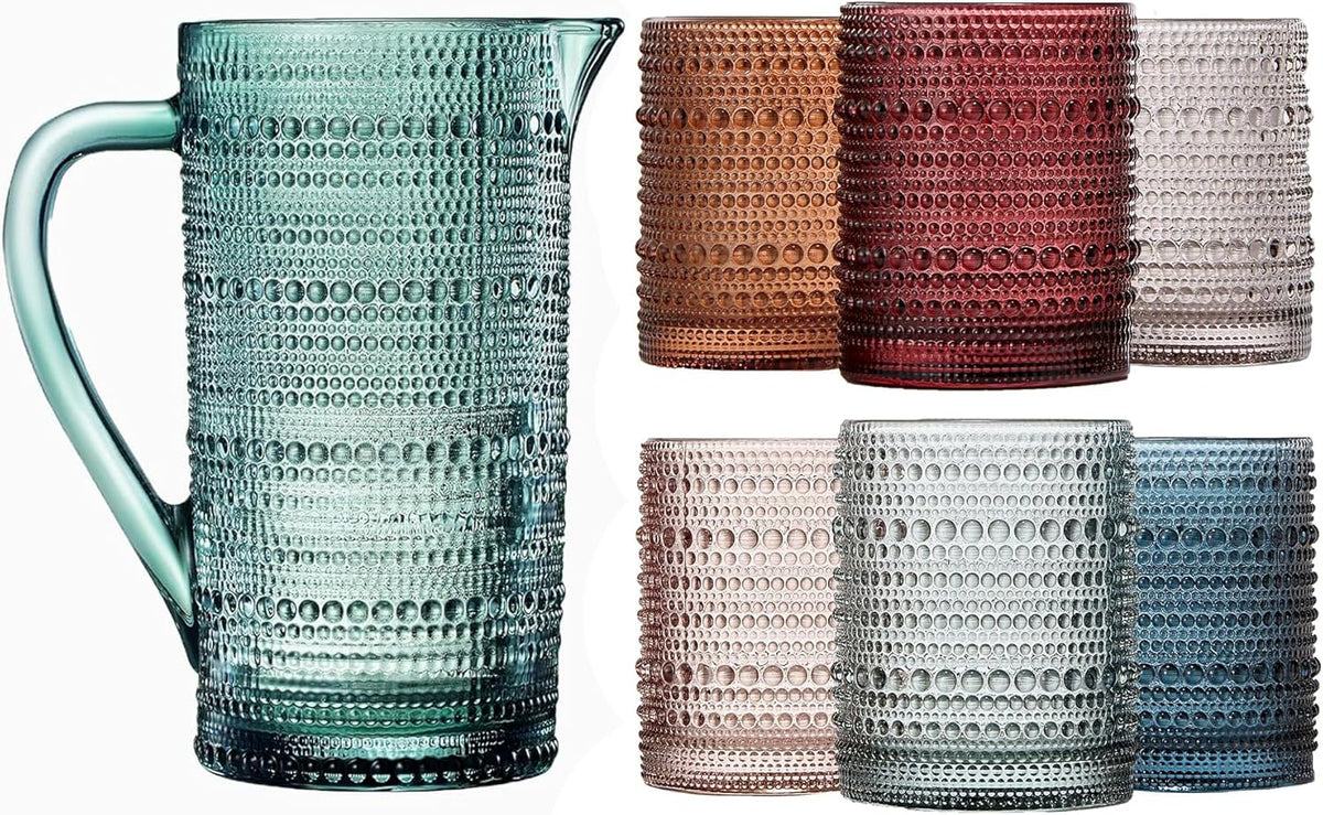 Tonal Hobnail Pitcher & Lowball Glassware