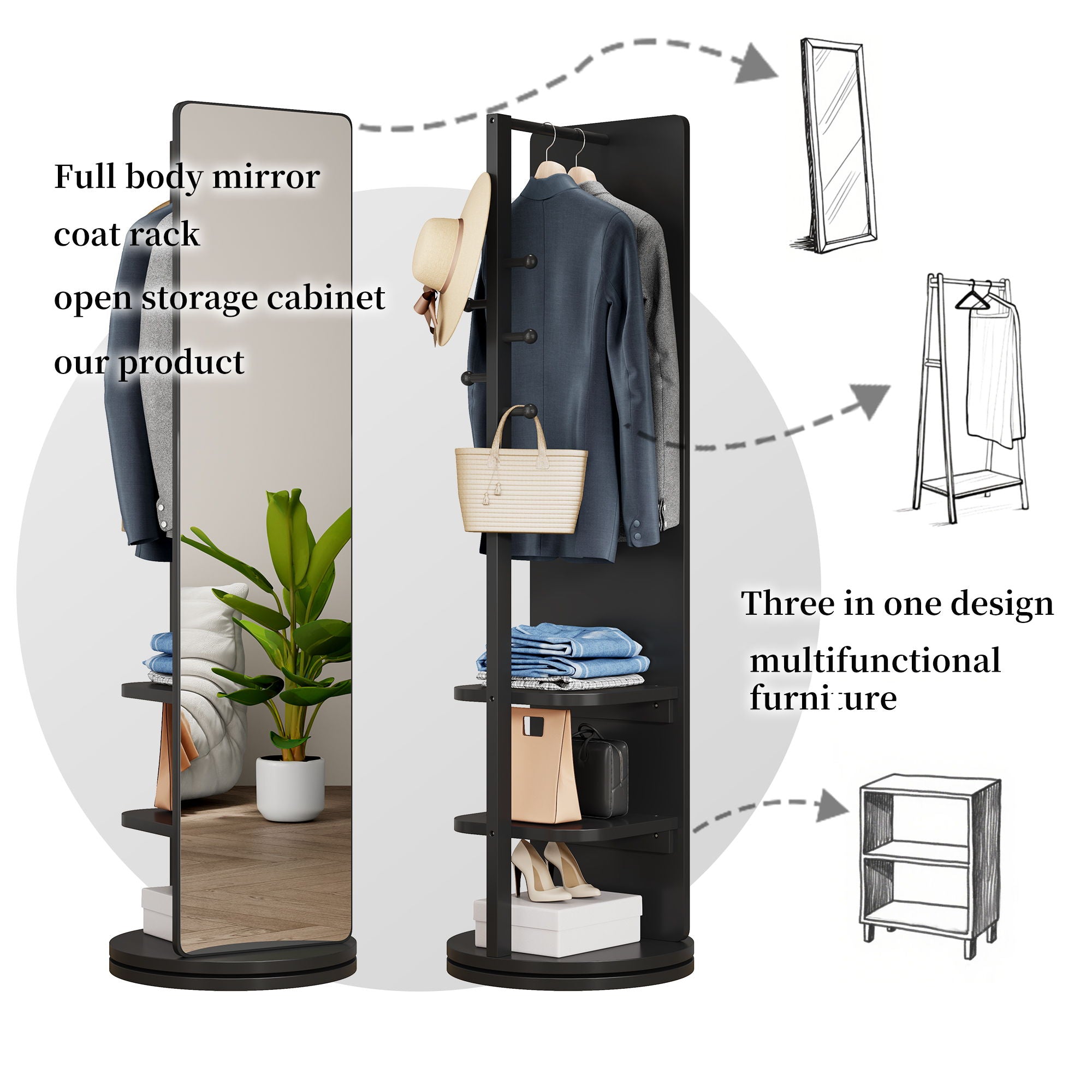 3 In 1 Multifunctional Full Length Clothing Mirror