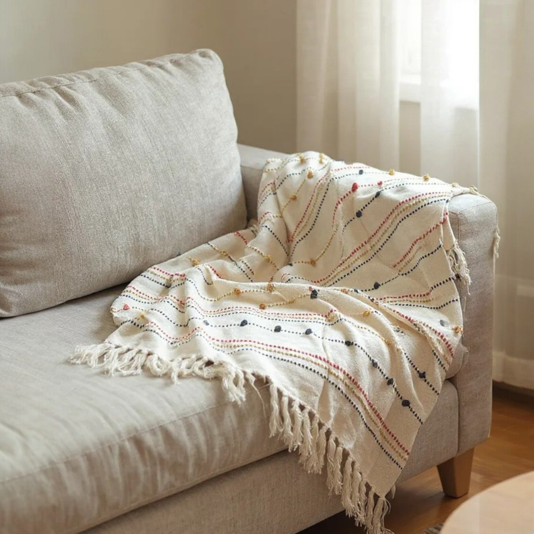 Hand Woven Cream Throw Blanket Striped with Tufts and Tassels