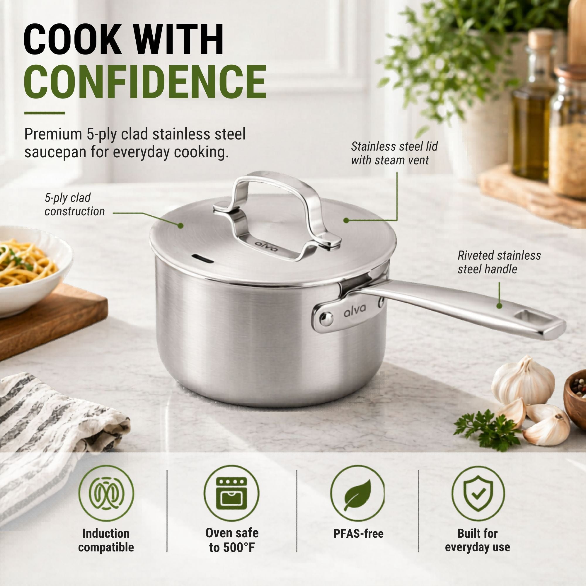 5-Ply Stainless Steel Saucepan with Lid