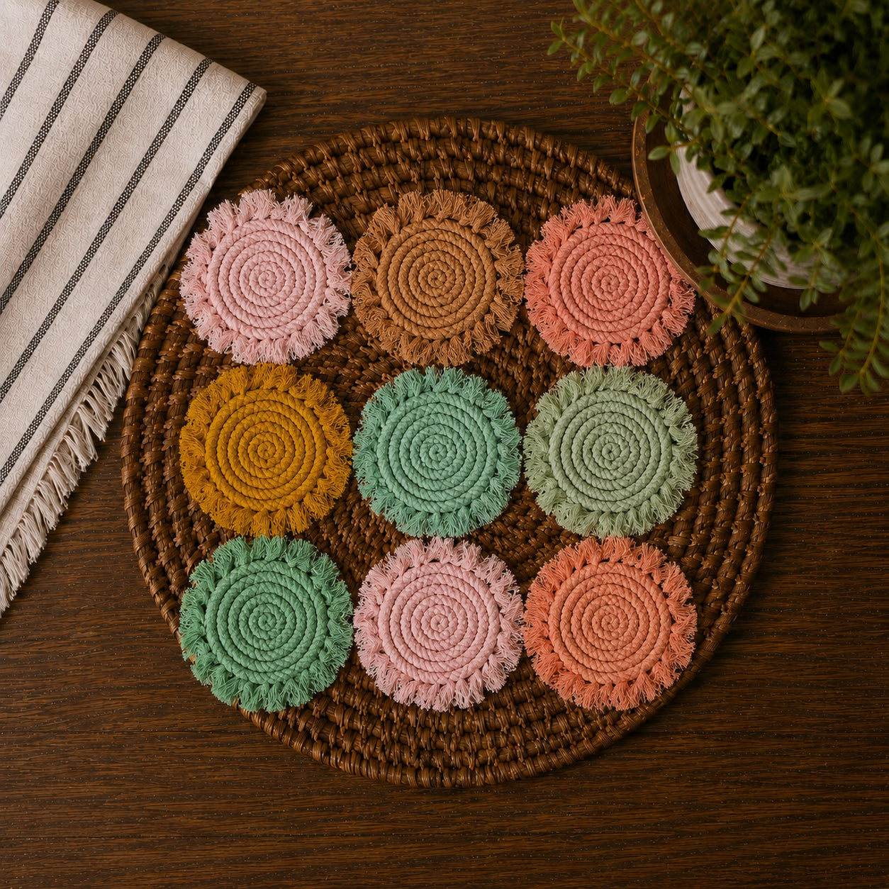 Pastel Braided Tassel Coasters