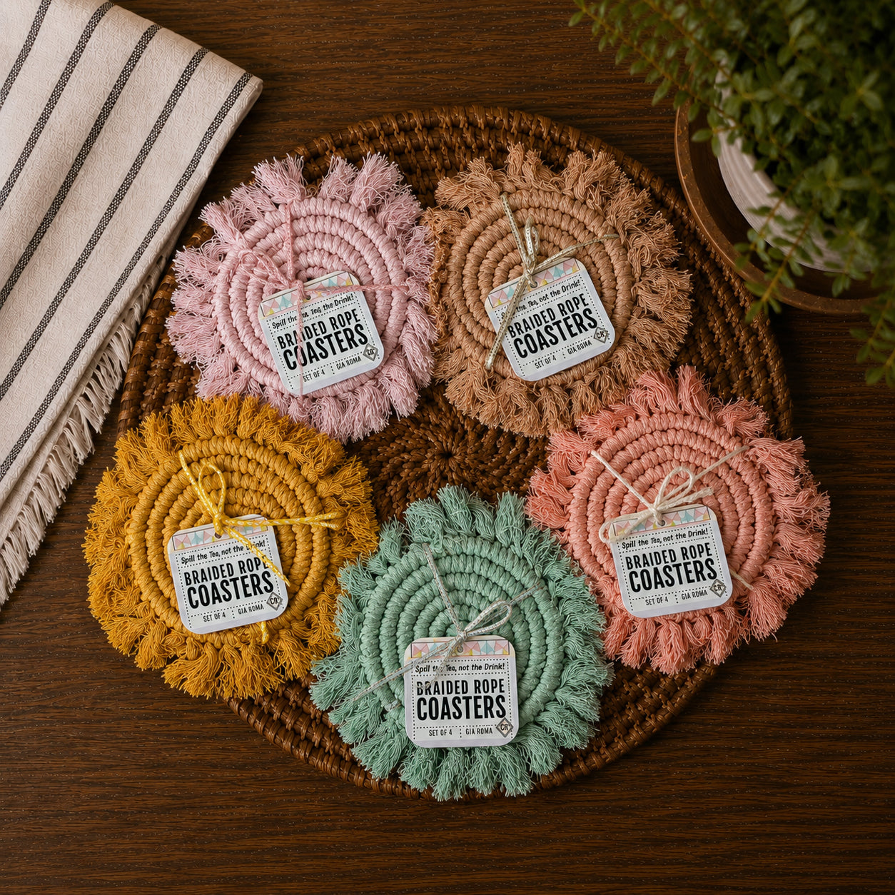 Pastel Braided Tassel Coasters