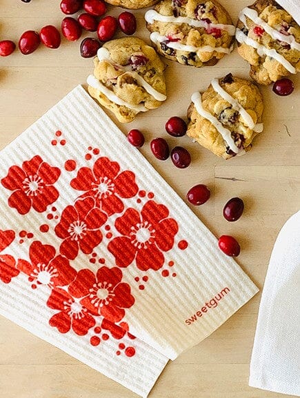 Red Flowers Swedish Dishcloth