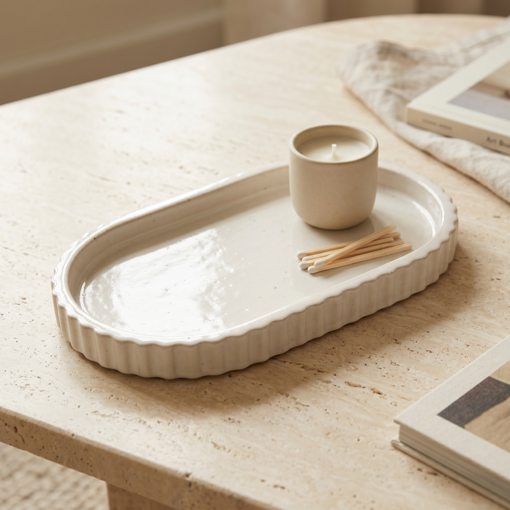 Scalloped Oblong Catchall Tray, Gypsum White 7"